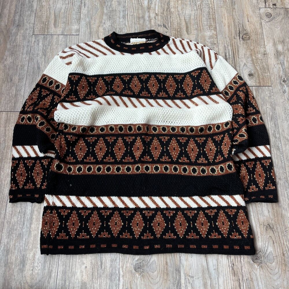 Vintage 80s Trimmings Geometric Knit Sweater Women’s Sz Large USA Metallic